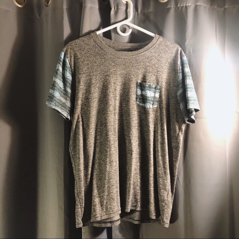 Grey Tee w/ Teal Tribal Sleeve Pattern